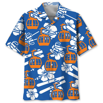Skiing Tramway Hibiscus Blue Hawaiian Shirt, custom shirt gift for men (view 2)