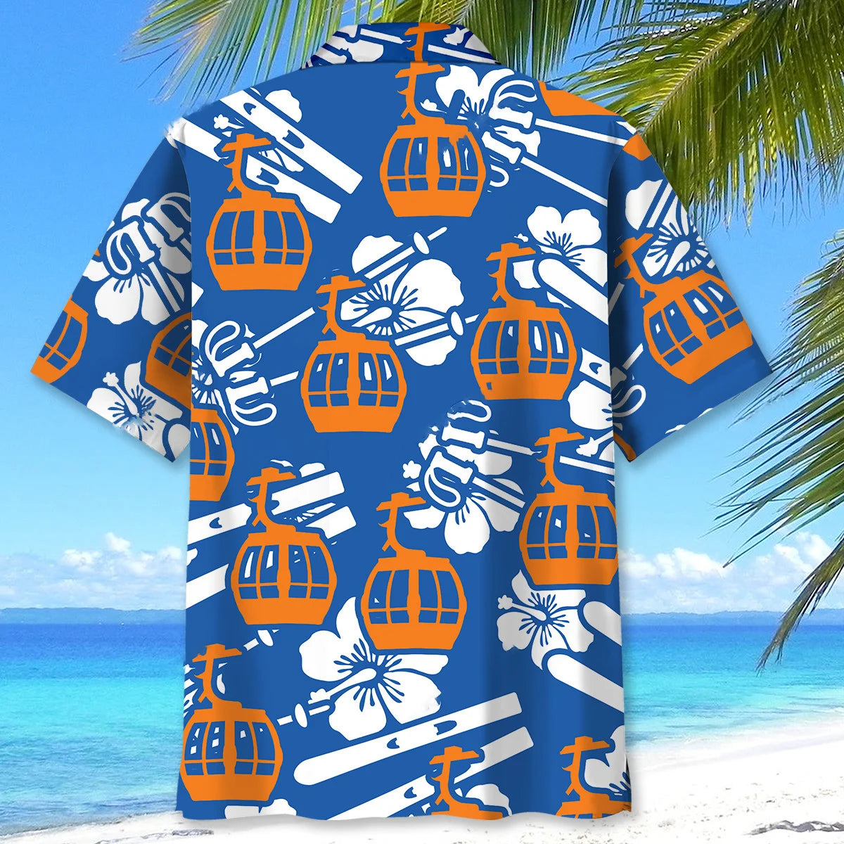 Skiing Tramway Hibiscus Blue Hawaiian Shirt, custom shirt gift for men (view 3)