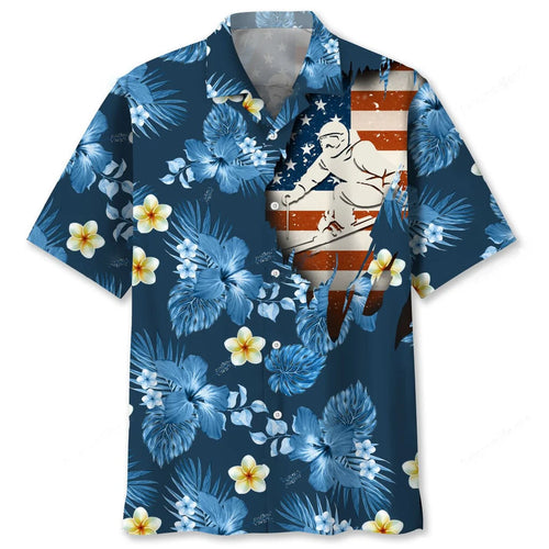 Skiing Usa Blue Tropical Hawaiian Shirt, patriotic gift for 4th of July