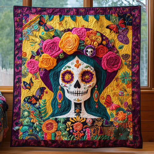 Skull In Bloom Quilt Blanket