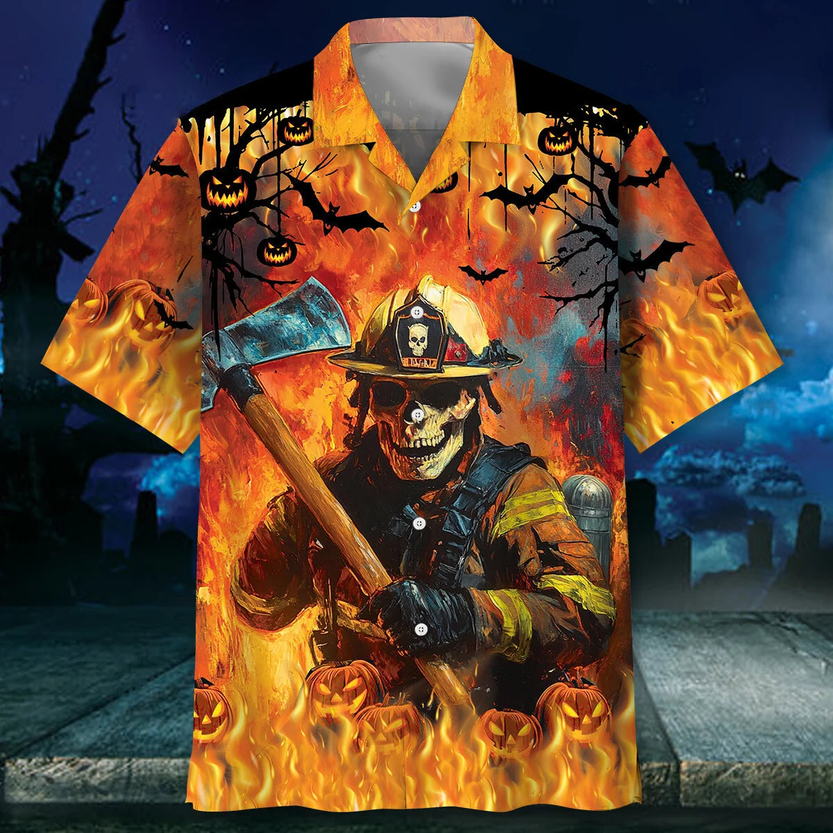 Skull Firefighter Halloween Hawaiian Shirt, custom shirt gift for men (view 2)