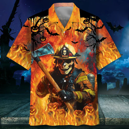 Skull Firefighter Halloween Hawaiian Shirt, custom shirt gift for men (view 2)