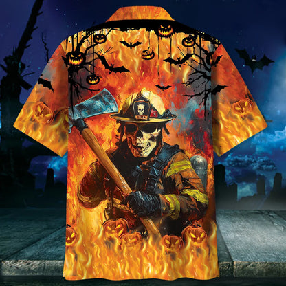 Skull Firefighter Halloween Hawaiian Shirt, custom shirt gift for men (view 3)