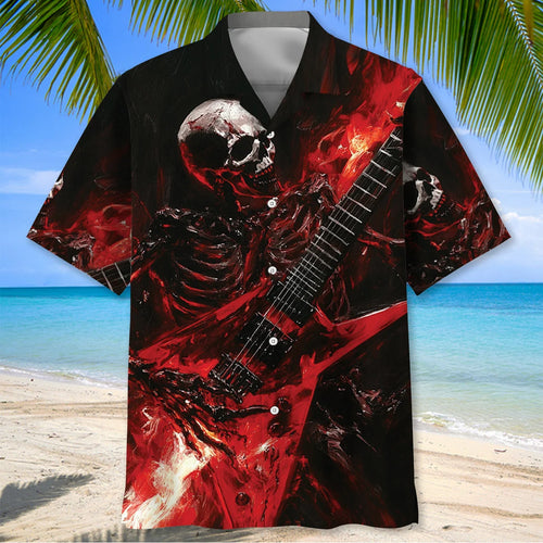 Skull Guitar Fire Hawaiian Shirt, custom shirt gift for men