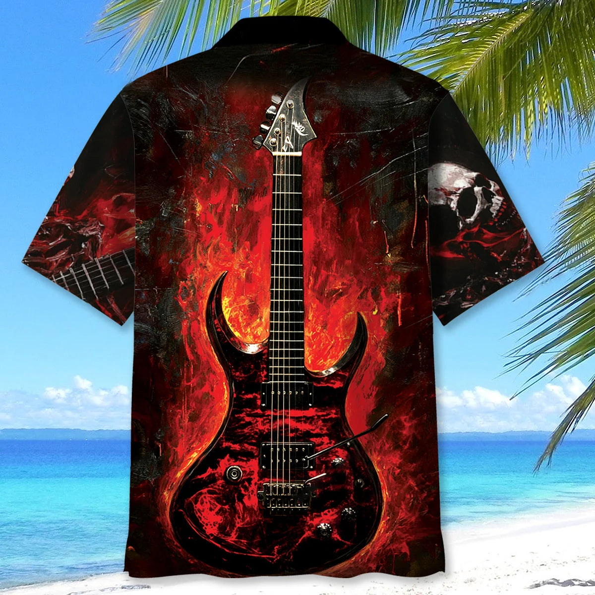 Skull Guitar Fire Hawaiian Shirt, custom shirt gift for men (view 3)