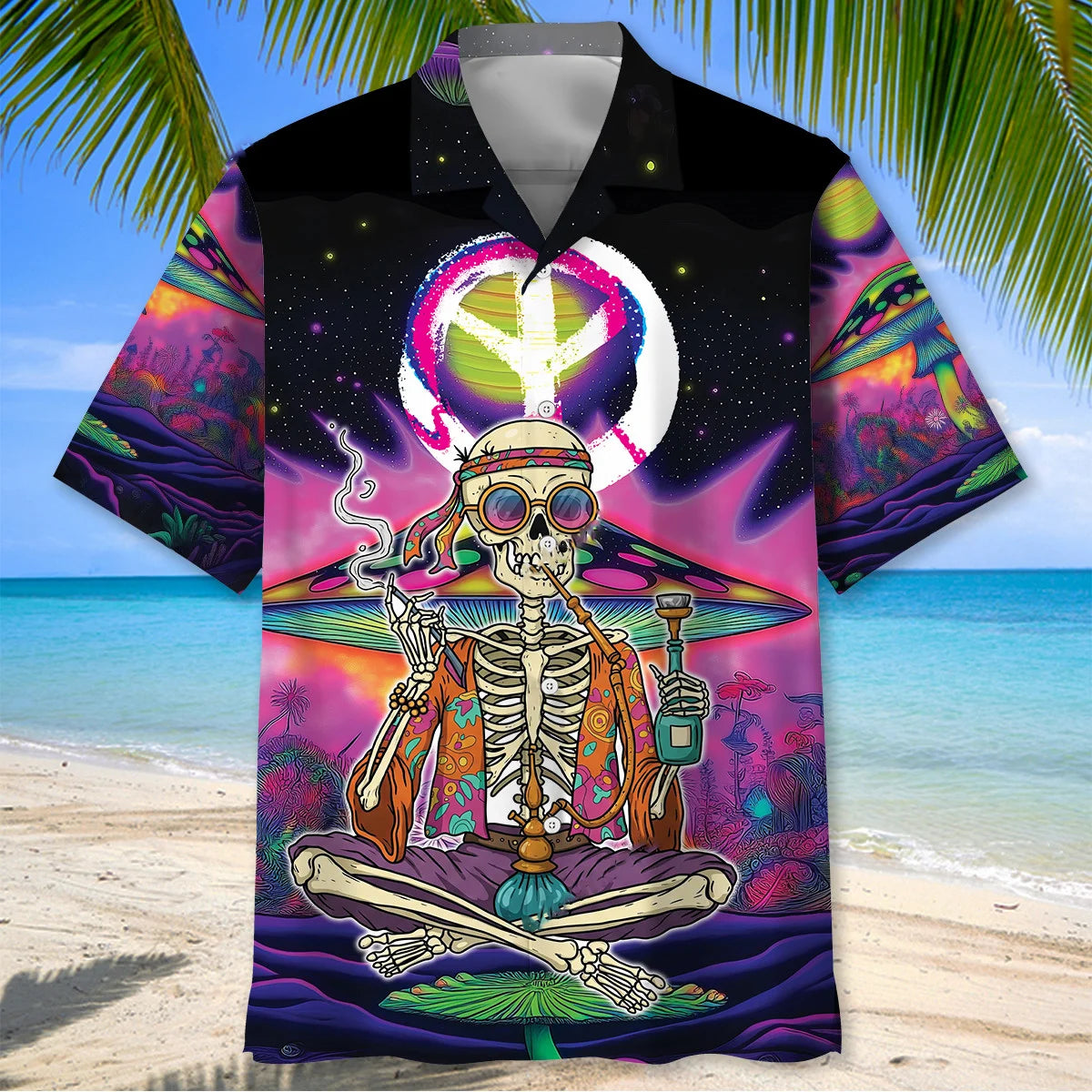 Skull Hippie Style Hawaiian Shirt, custom shirt gift for men (view 2)