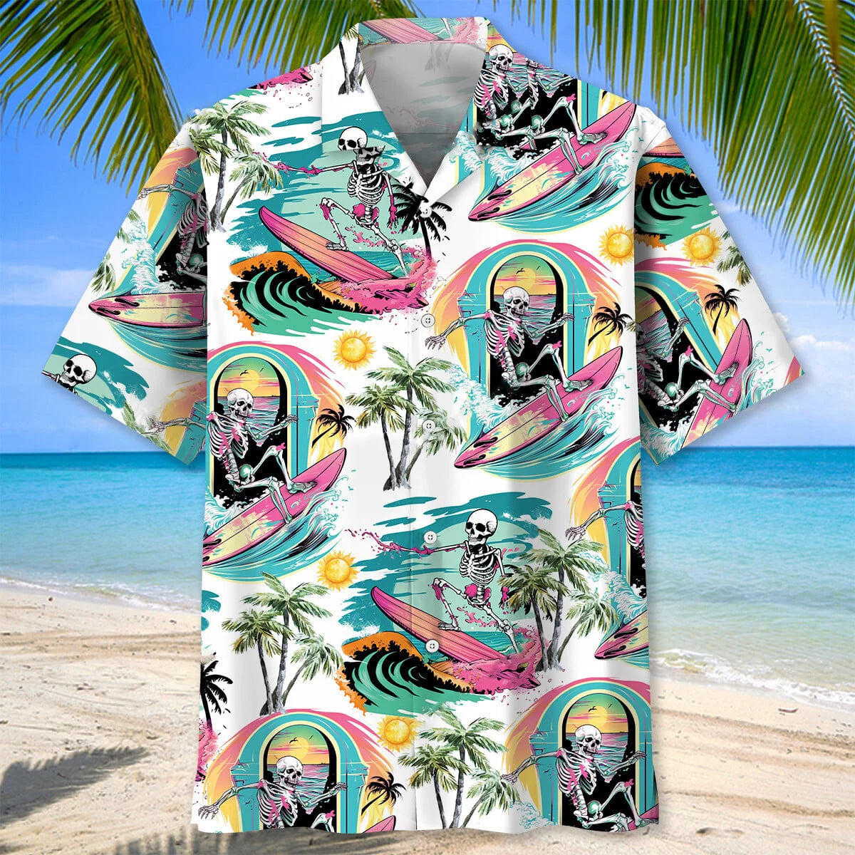 Skull Surfing Beach Hawaiian Shirt, custom shirt gift for men