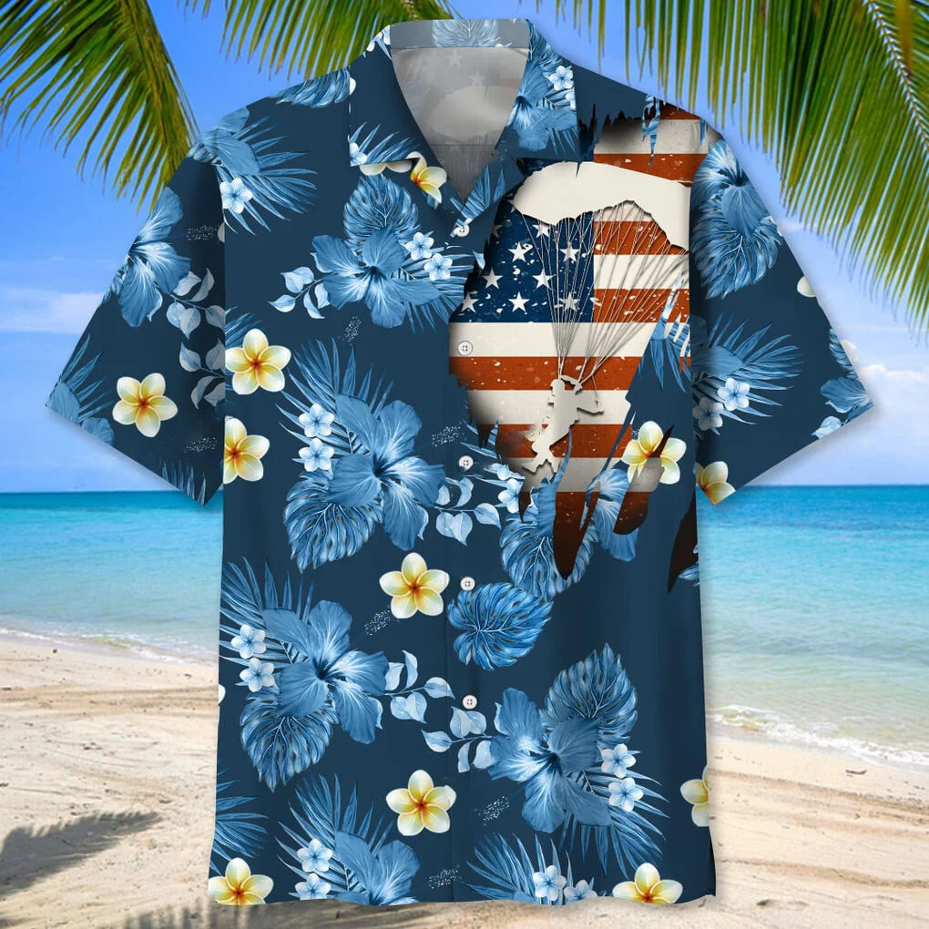 Skydiving Usa Blue Tropical Hawaiian Shirt, patriotic gift for 4th of July