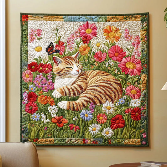 Sleeping Cat In Garden Quilt Blanket