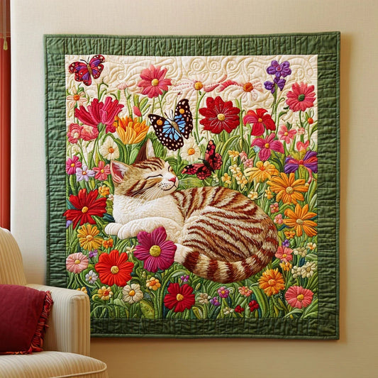 Sleeping Cat In Garden Quilt Blanket
