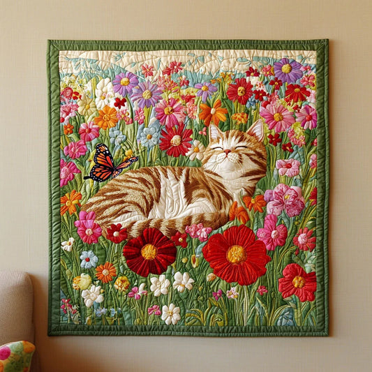 Sleeping Cat In Garden Quilt Blanket