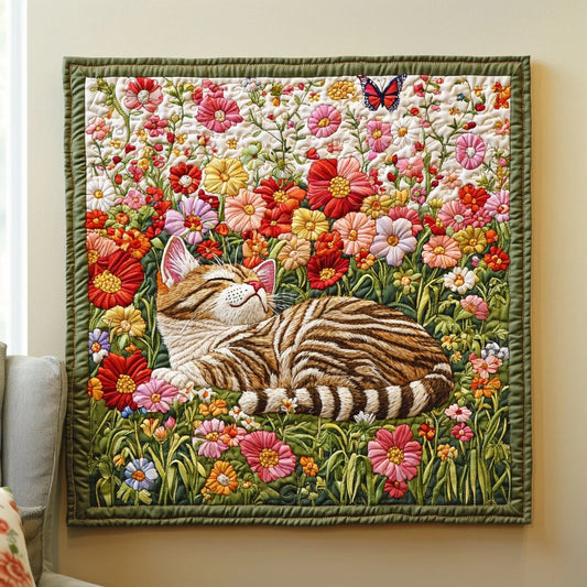 Sleeping Cat In Garden Quilt Blanket