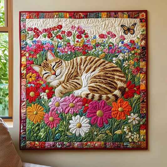 Sleeping Cat In Garden Quilt Blanket