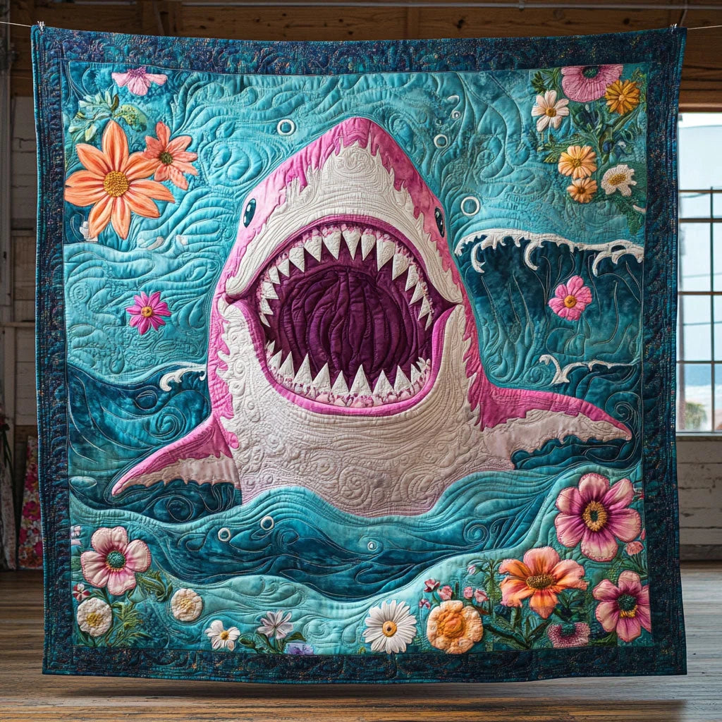 Smile Pink Shark Quilt Blanket