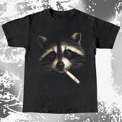 Quiet Smoke Raccoon Tee – Midnight Outsider Mood, funny meme tee gift (view 2)