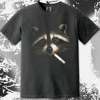 Quiet Smoke Raccoon Tee – Midnight Outsider Mood, funny meme tee gift (view 5)