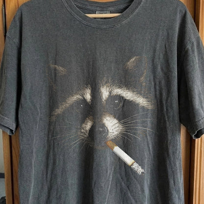 Quiet Smoke Raccoon Tee – Midnight Outsider Mood, funny meme tee gift (view 6)