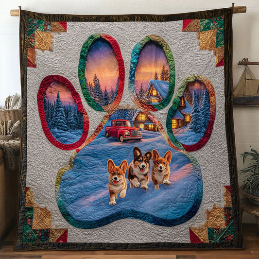 Snowflake Heart Corgi Paw Quilt Blanket