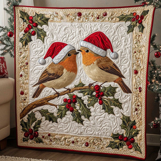 Snowy Gathering European Robin Quilt Blanket