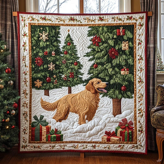 Snowy Pine Golden Quilt Blanket