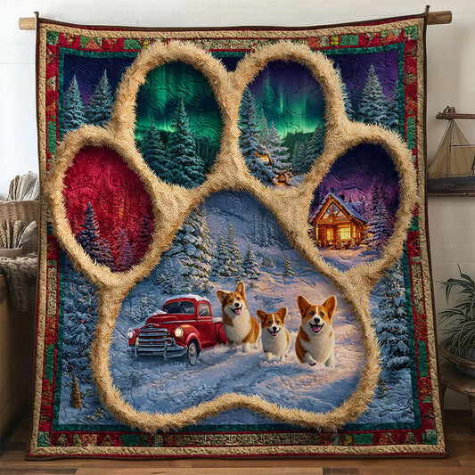 Snowy Trail Corgi Paw Quilt Blanket
