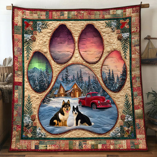 Snowy Trail Husky Paw Quilt Blanket