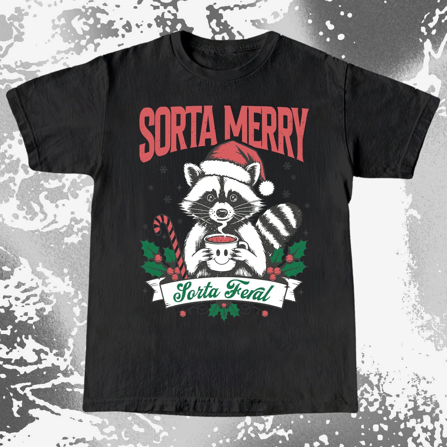 Sorta Merry Sorta Feral Raccoon Christmas, funny meme tee gift (view 3)