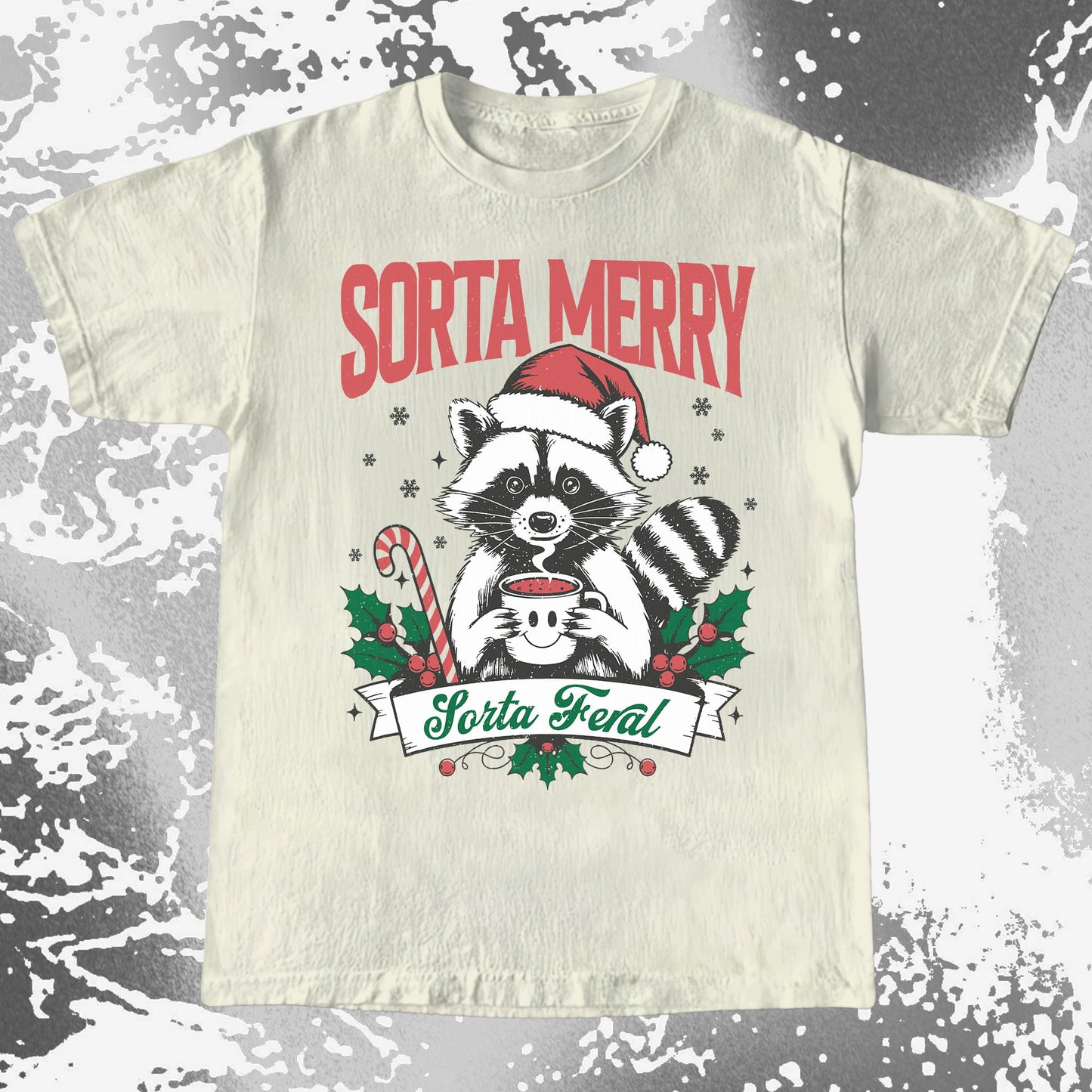 Sorta Merry Sorta Feral Raccoon Christmas, funny meme tee gift (view 2)