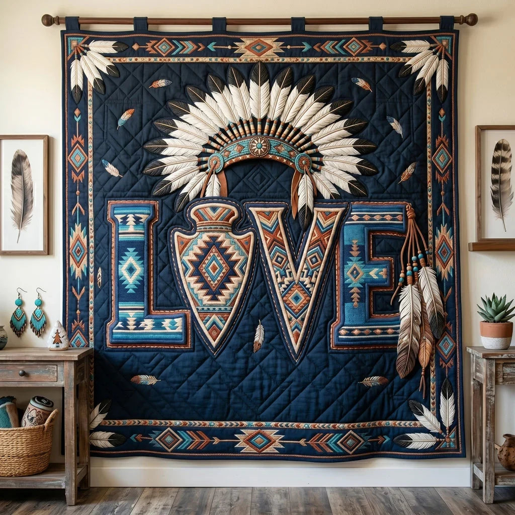 Southwestern Love And Feathers Quilt Blanket