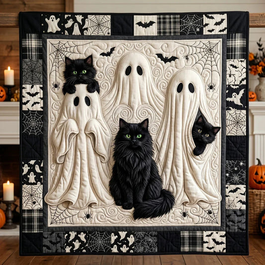 Spooky Black Cat Ghost Quilt Blanket