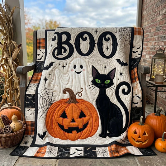 Spooky Ghost Cat Patchwork Quilt Blanket