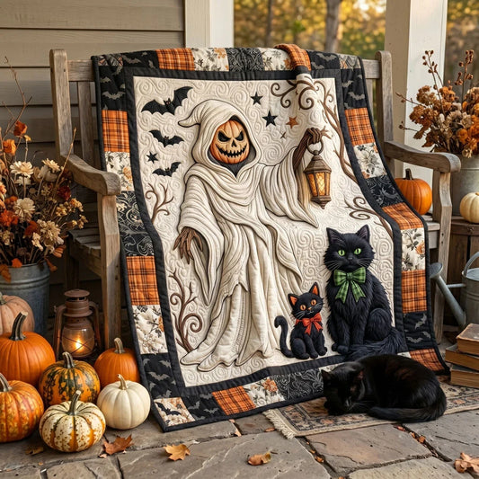 Spooky Lantern Ghost Cat Quilt Blanket