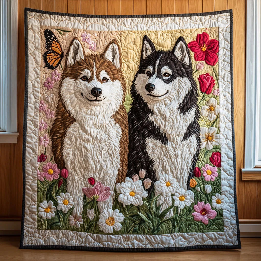Springtime Huskies Quilt Blanket