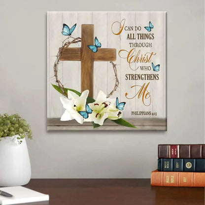 i can do all things through christ wooden cross lily flower butterflies wall art canvas (Landscape) (view 12)