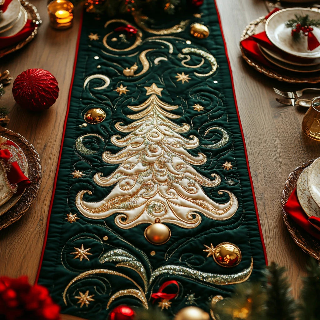 Starry Spruce Christmas Tree Quilted Table Runner