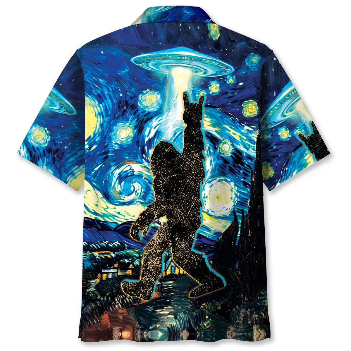 Starry Night Alien Bigfoot Rock Roll Hawaiian Shirt, custom shirt gift for men (view 2)