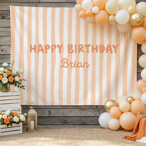 Striped Birthday Banner Personalized Custom Name Birthday Backdrop Neutral Party Photo Banner, personalized birthday backdrop