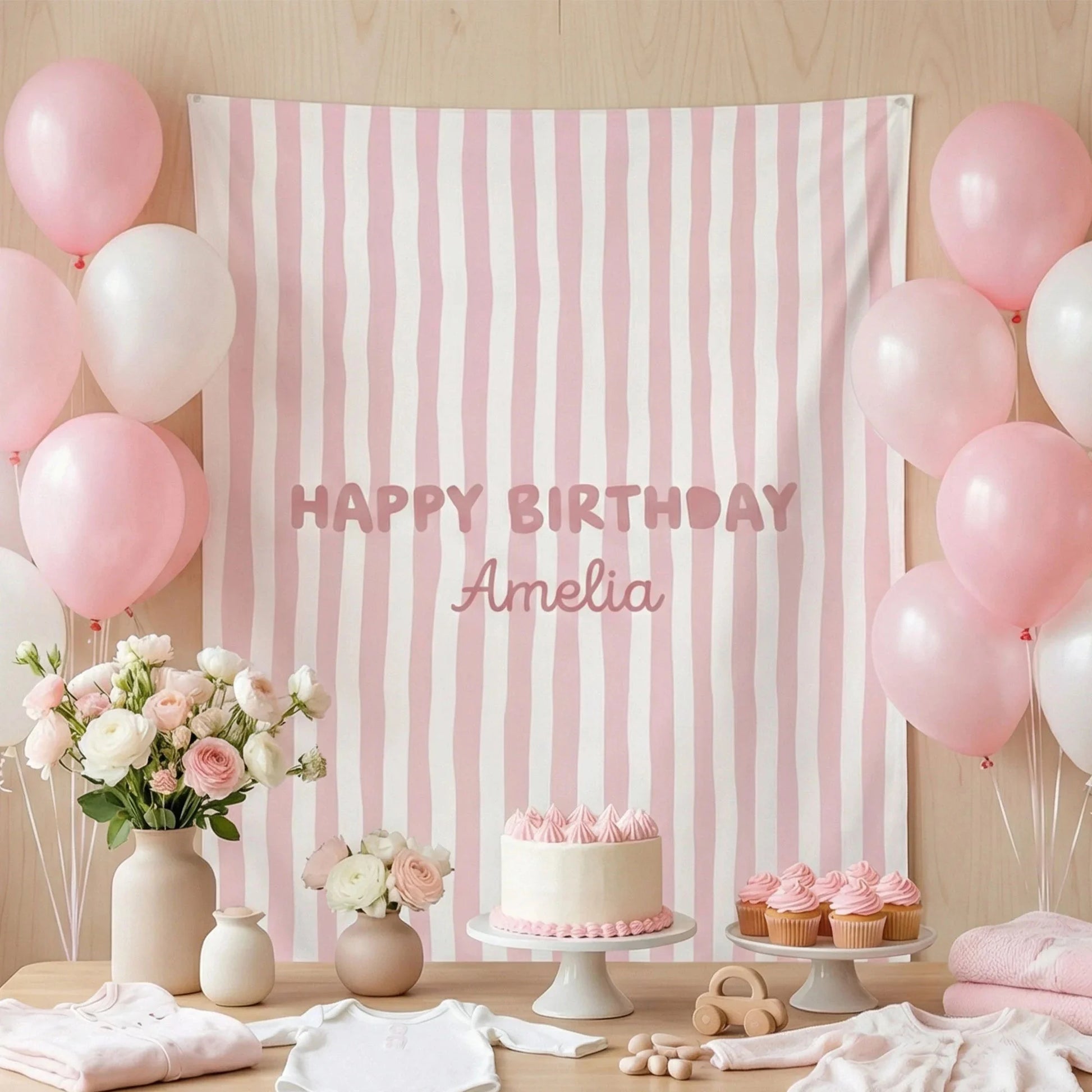 Striped Birthday Banner Personalized Custom Name Birthday Backdrop Neutral Party Photo Banner, personalized birthday backdrop