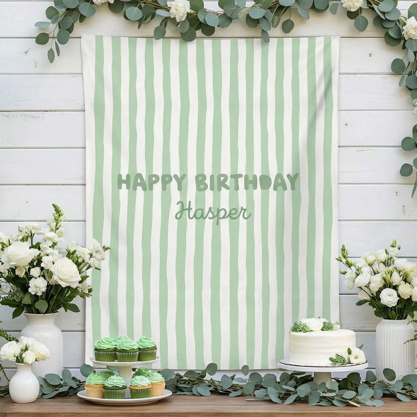 Striped Birthday Banner Personalized Custom Name Birthday Backdrop Neutral Party Photo Banner, personalized birthday backdrop