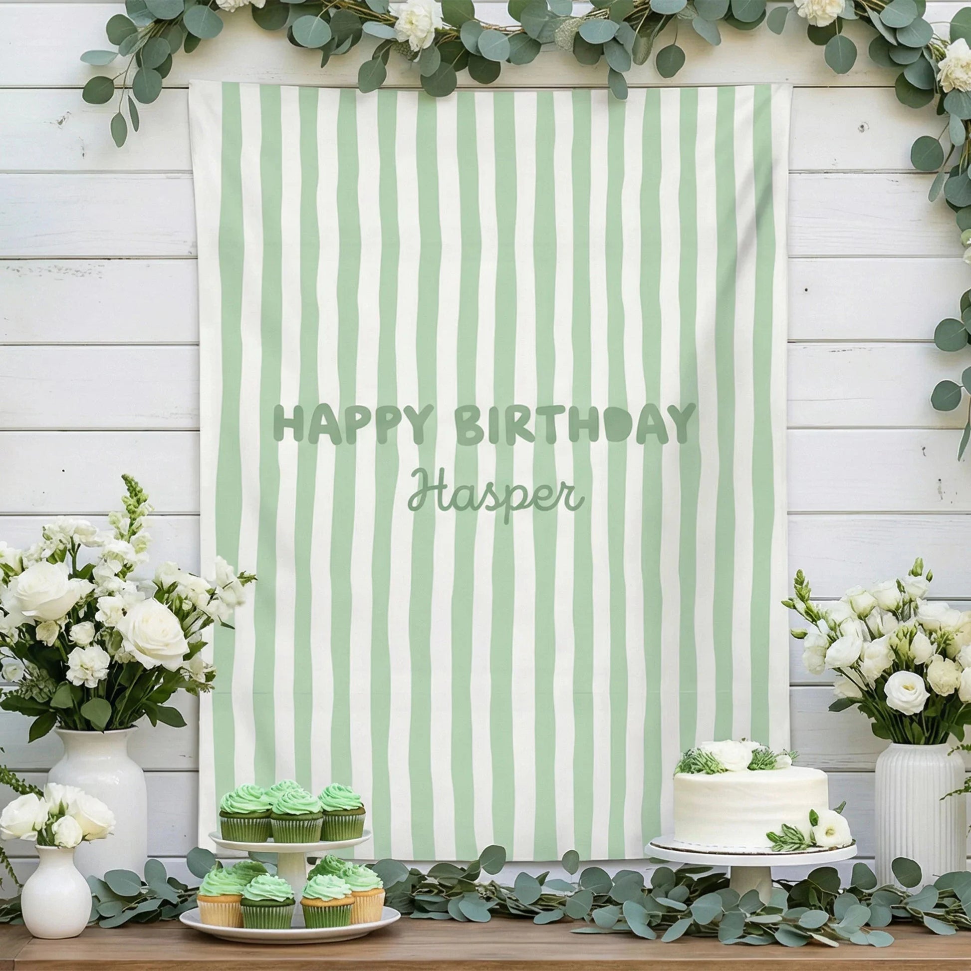 Striped Birthday Banner Personalized Custom Name Birthday Backdrop Neutral Party Photo Banner, personalized birthday backdrop