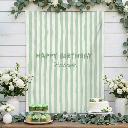 Striped Birthday Banner Personalized Custom Name Birthday Backdrop Neutral Party Photo Banner, personalized birthday backdrop