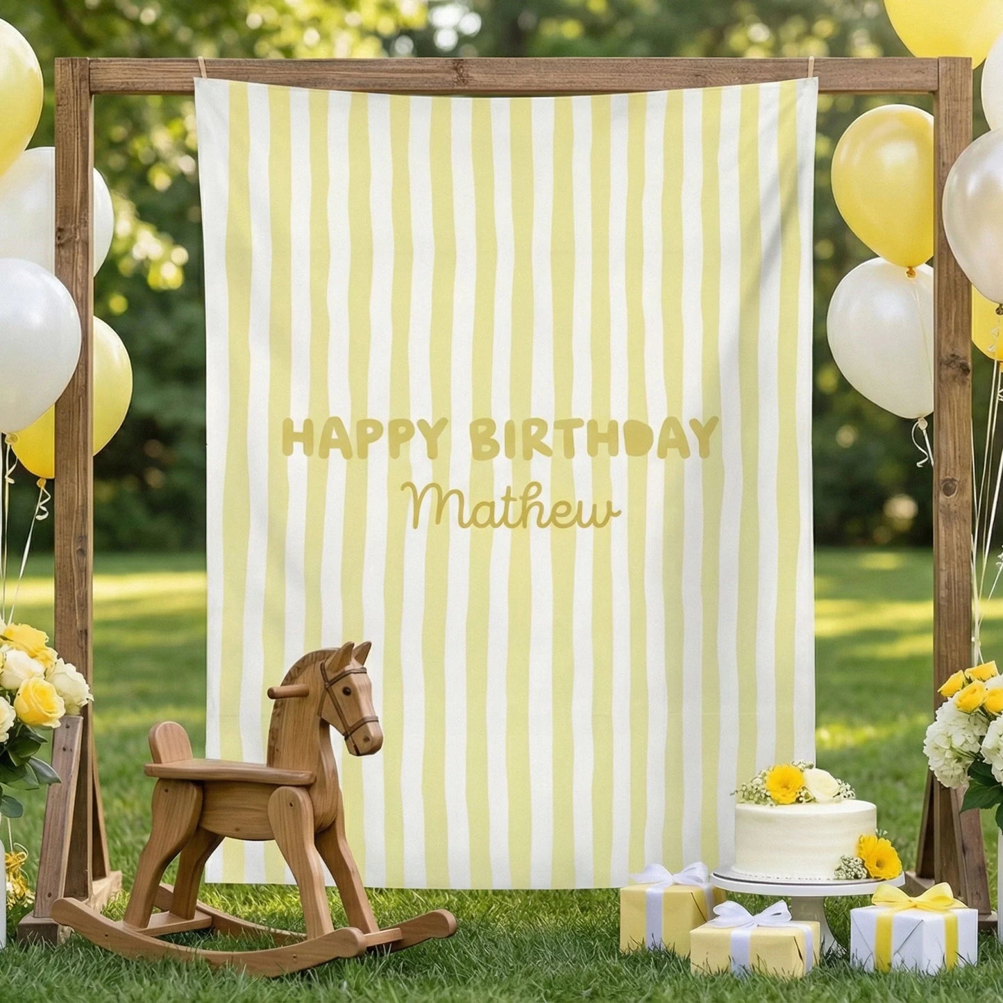 Striped Birthday Banner Personalized Custom Name Birthday Backdrop Neutral Party Photo Banner, personalized birthday backdrop