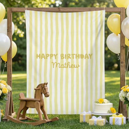 Striped Birthday Banner Personalized Custom Name Birthday Backdrop Neutral Party Photo Banner, personalized birthday backdrop