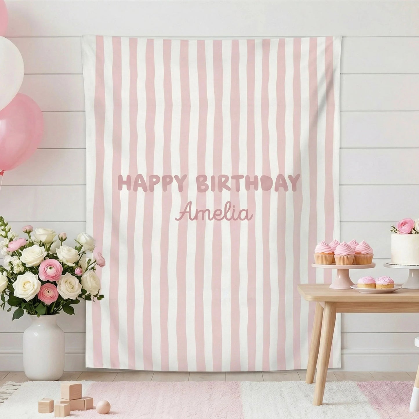 Striped Birthday Banner Personalized Custom Name Birthday Backdrop Neutral Party Photo Banner, personalized birthday backdrop