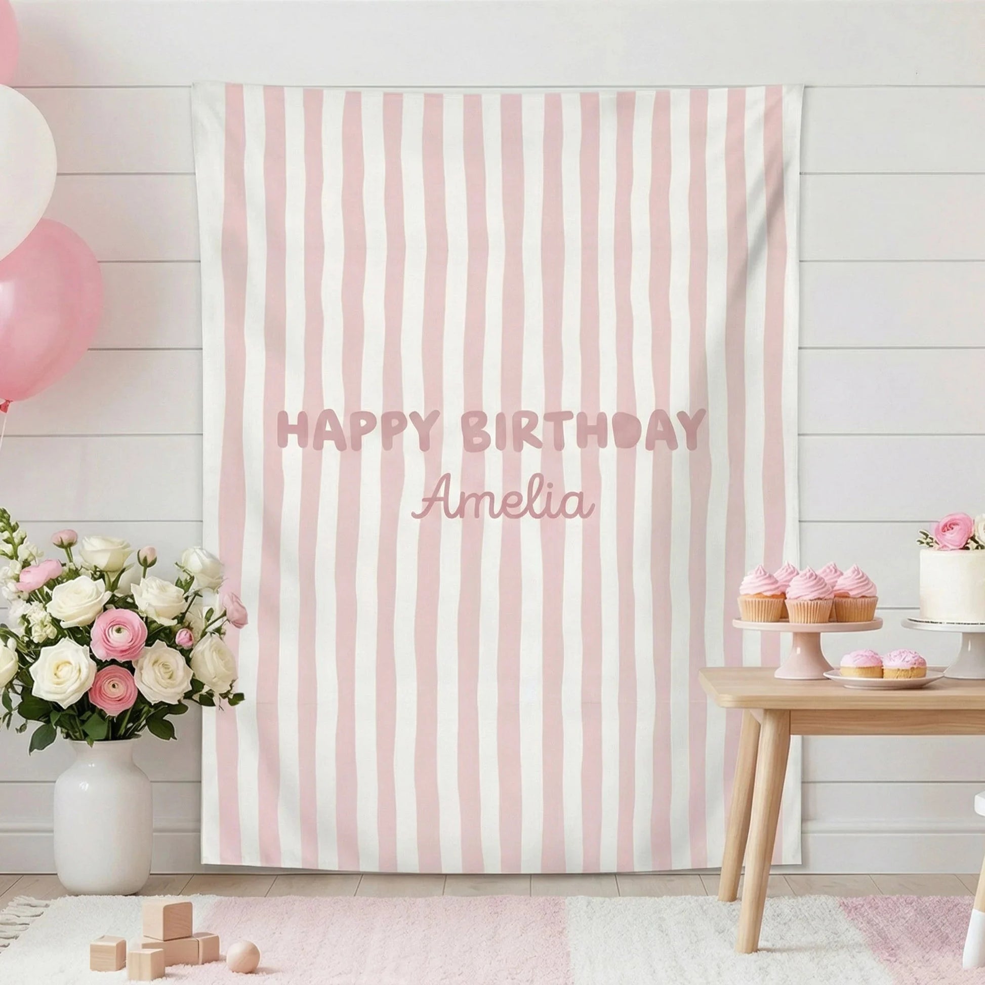 Striped Birthday Banner Personalized Custom Name Birthday Backdrop Neutral Party Photo Banner, personalized birthday backdrop