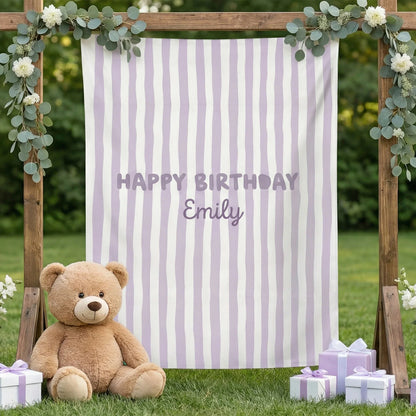 Striped Birthday Banner Personalized Custom Name Birthday Backdrop Neutral Party Photo Banner, personalized birthday backdrop