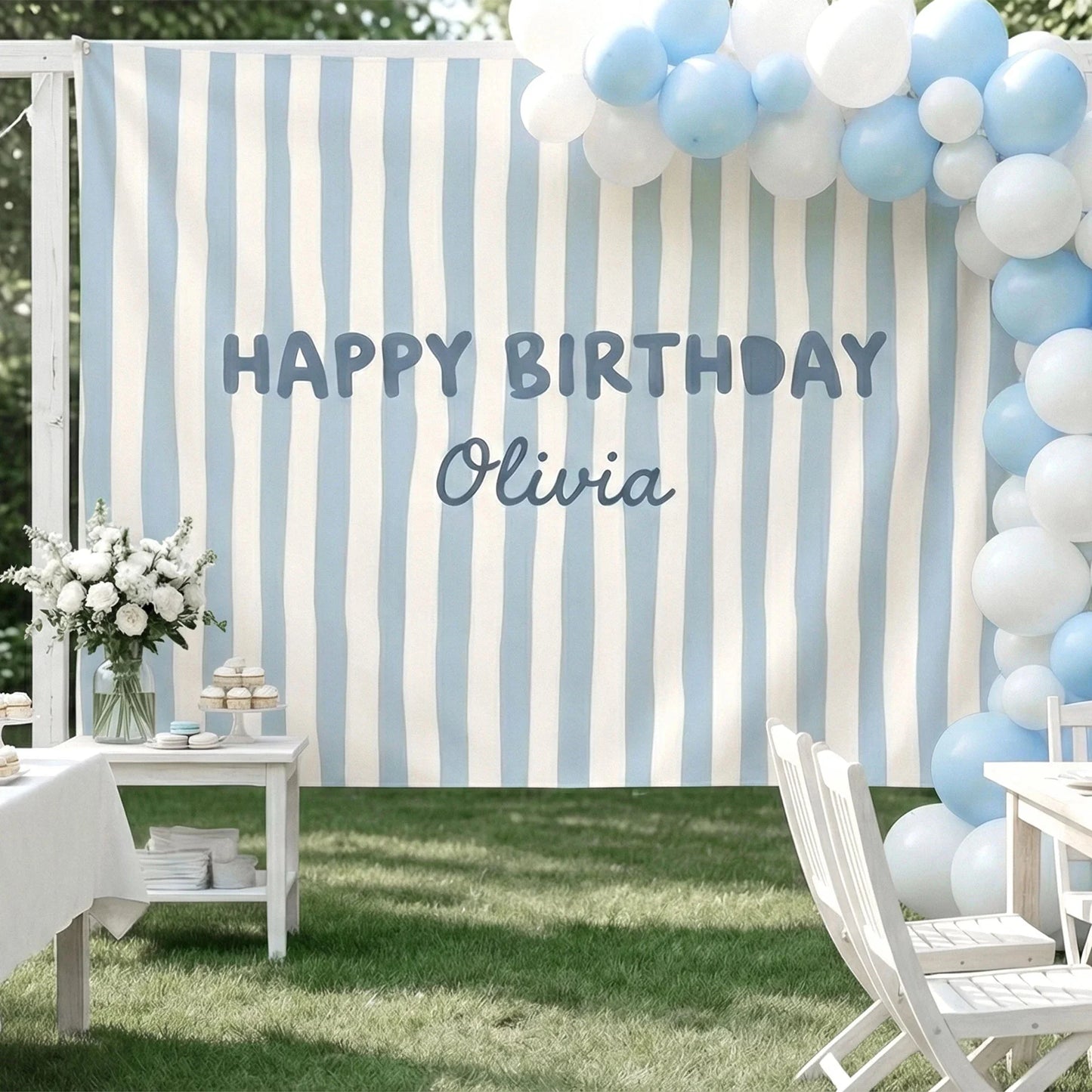 Striped Birthday Banner Personalized Custom Name Birthday Backdrop Neutral Party Photo Banner, personalized birthday backdrop