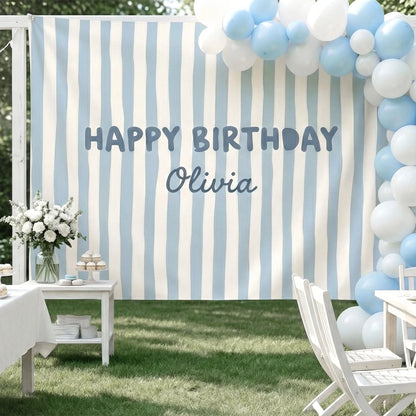 Striped Birthday Banner Personalized Custom Name Birthday Backdrop Neutral Party Photo Banner, personalized birthday backdrop