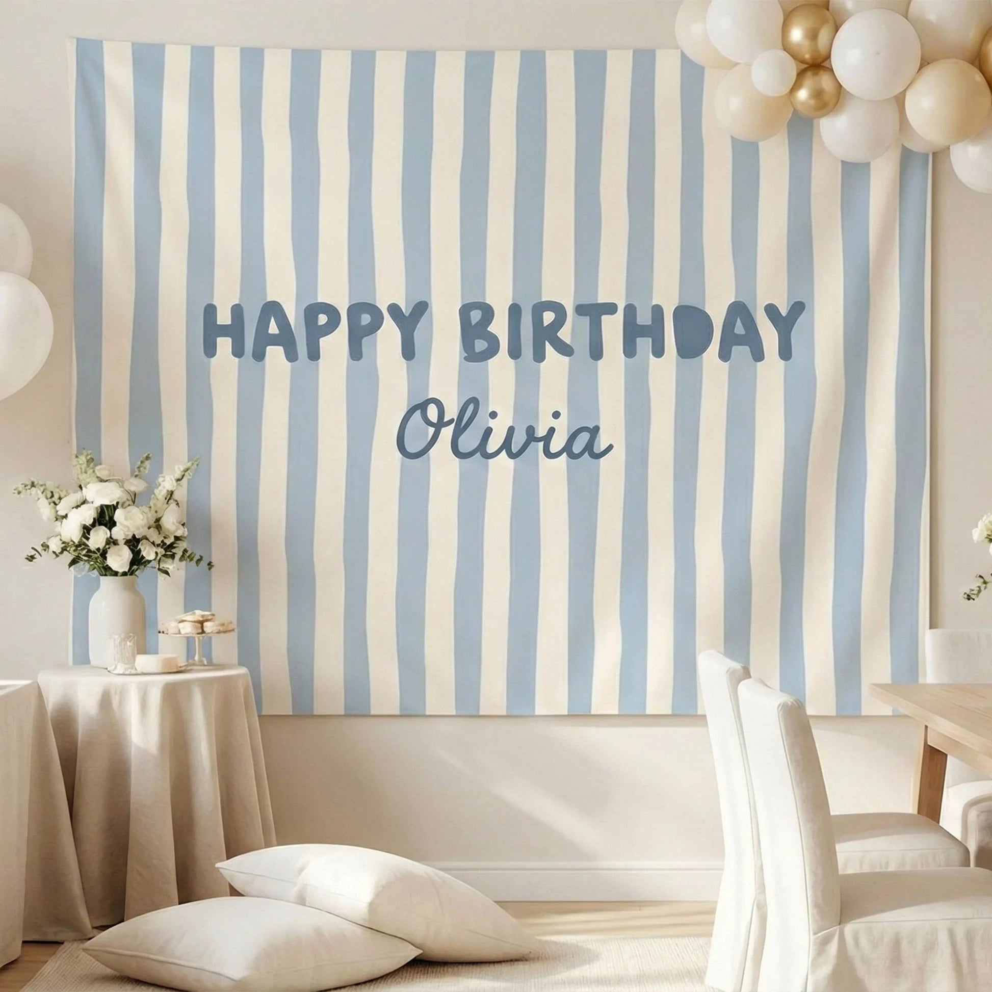 Striped Birthday Banner Personalized Custom Name Birthday Backdrop Neutral Party Photo Banner, personalized birthday backdrop