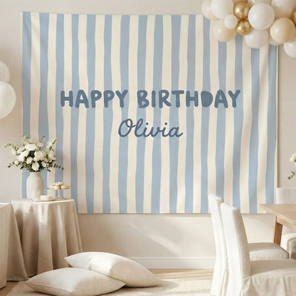 Striped Birthday Banner Personalized Custom Name Birthday Backdrop Neutral Party Photo Banner, personalized birthday backdrop